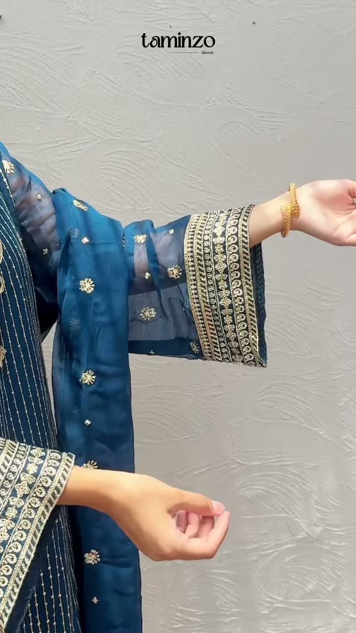 Blue Hani & Umaima Chiffon Embroidered Gharara-Ushna