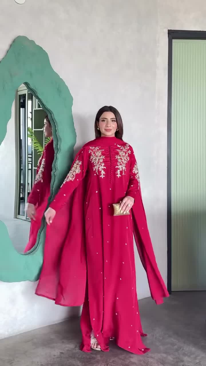 Red Allure By IH Full Circle Tussel Silk Embroidered Kaftan Set-Endless