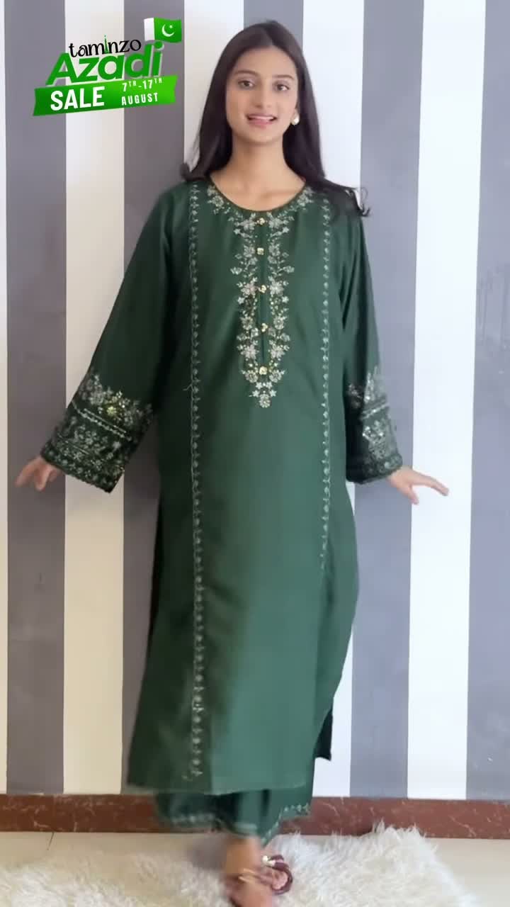 Green Ayat Closet Linen Embroidered Stitched 2-Piece Suit-Olive Green