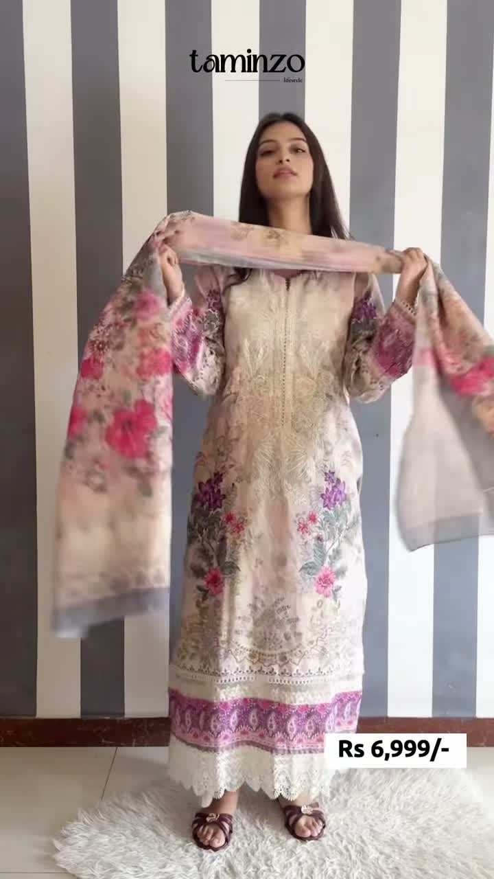 Cream-Chandan Nagri Cotton Lawn Embroidered Stitched 3-Piece Suit-Elie