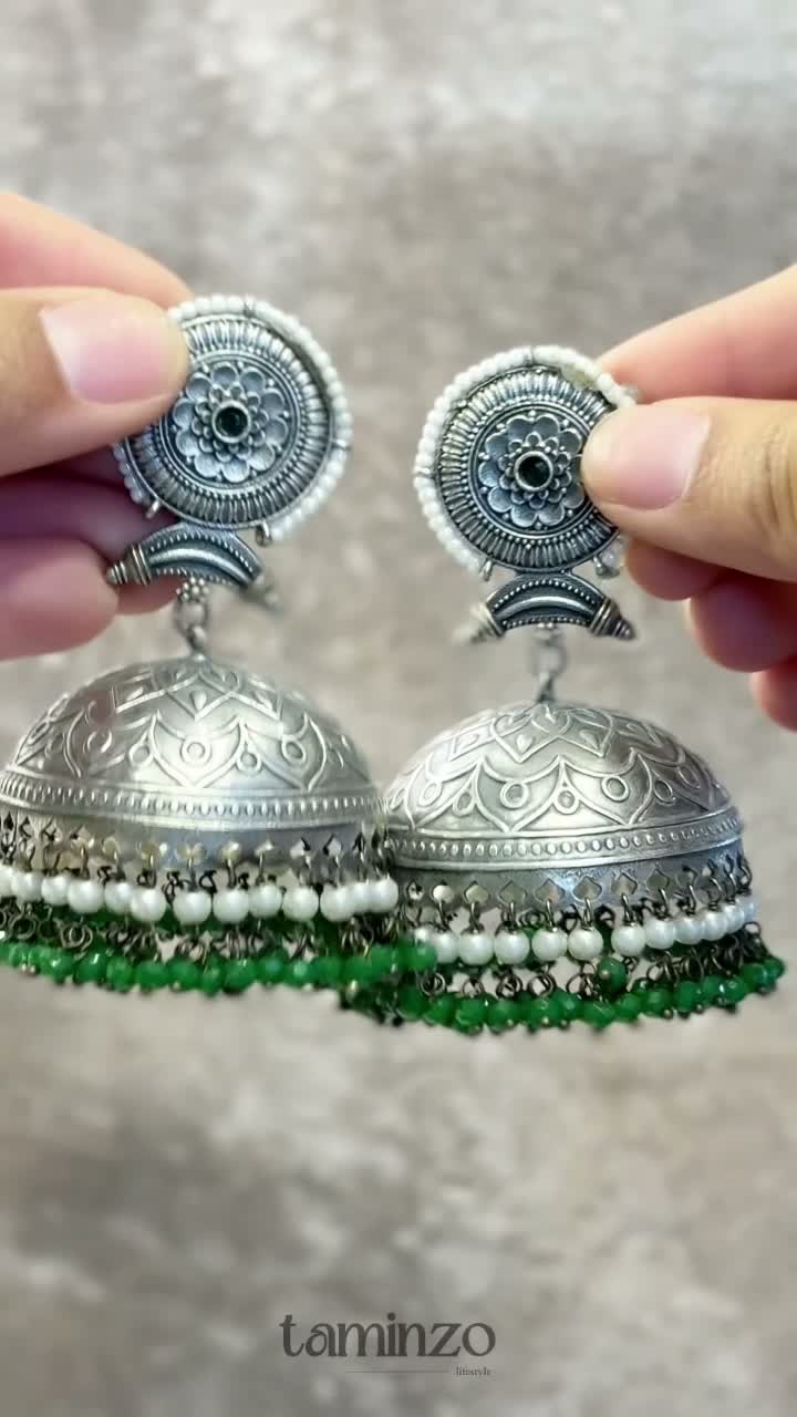 Green and Silver-H&A Jewellery Oxidized Earrings