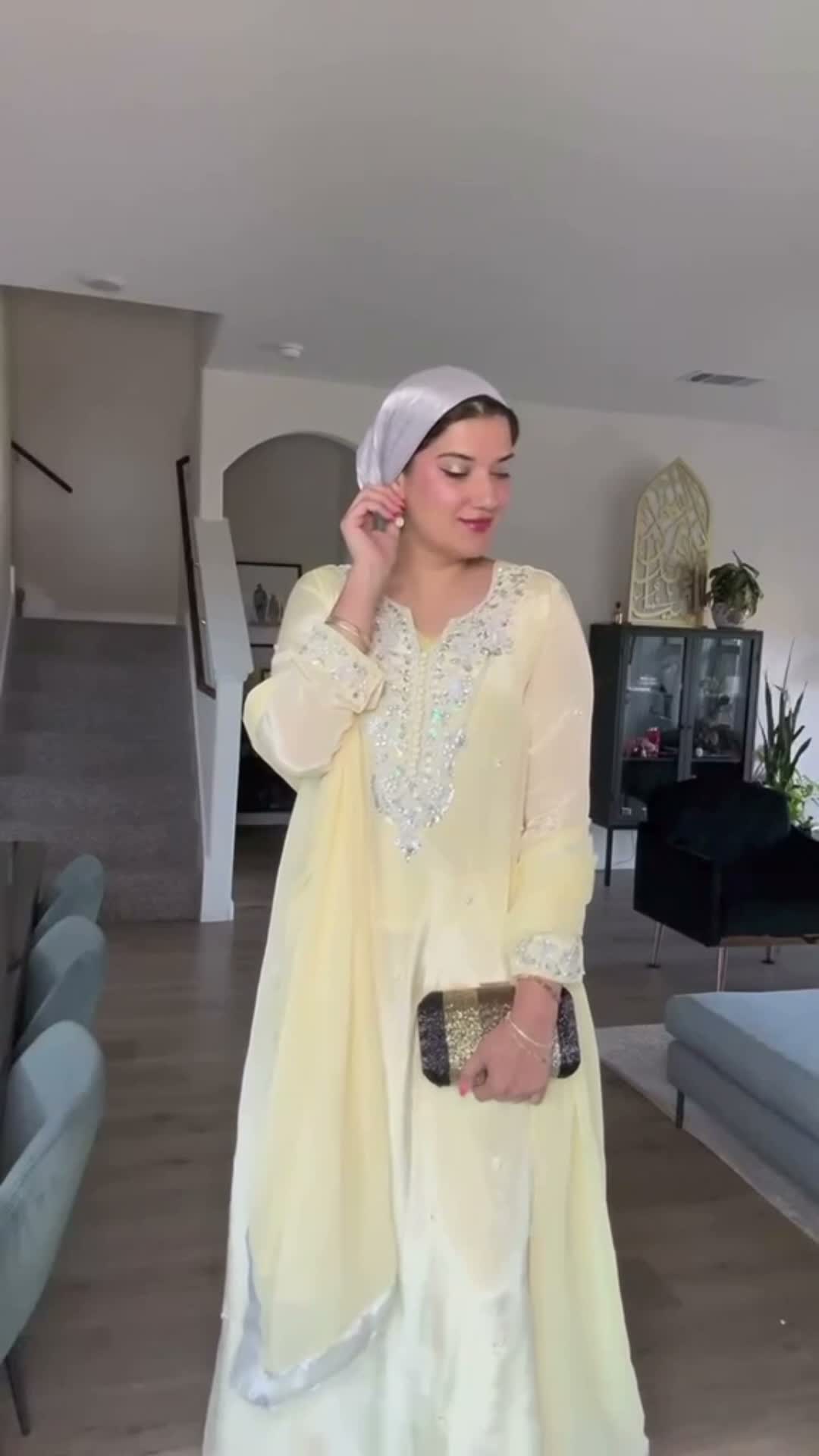 Allure By IH Silver Night Tussel Silk Embroidered Kaftan Set-Lemonade