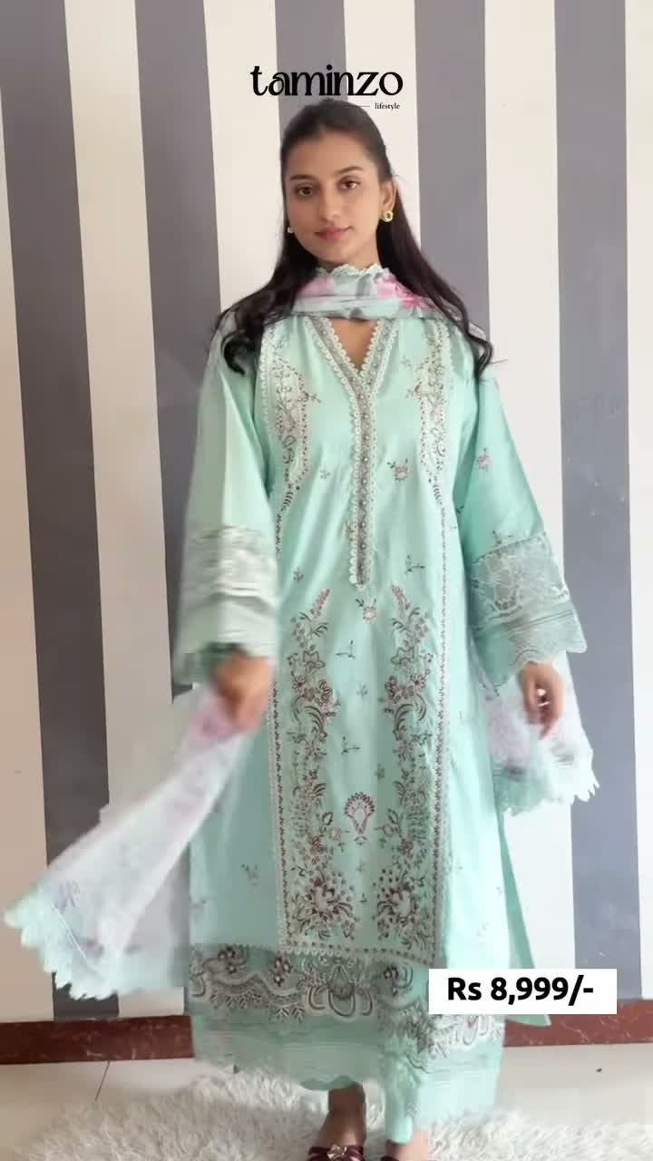 Blue-Chandan Nagri Lawn Embroidered Stitched 3-Piece Suit-Cassia