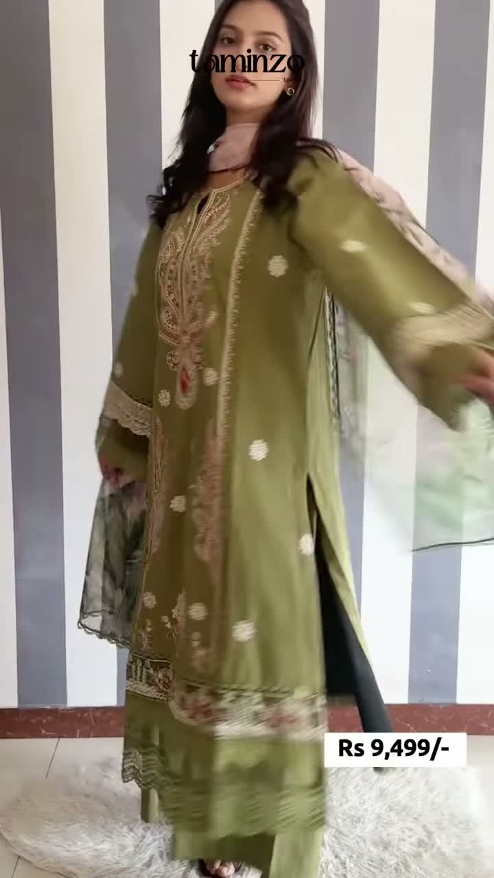 Green-Chandan Nagri Lawn Embroidered Stitched 3-Piece Suit-Meihua Pearl