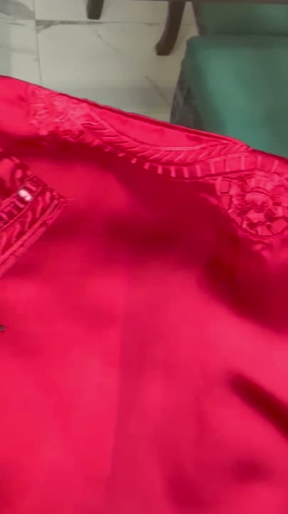 Red Savarna Silk Embroidered Stitched 3-Piece Suit-Maroon Red