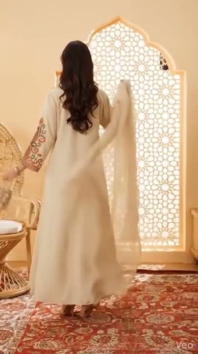 Beige-Duas Boutique Linen Embroidered Kaftan Set-Noor-e-Sahar