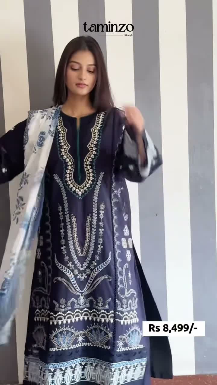 Blue-Chandan Nagri Lawn Embroidered Stitched 3-Piece Suit-Souci