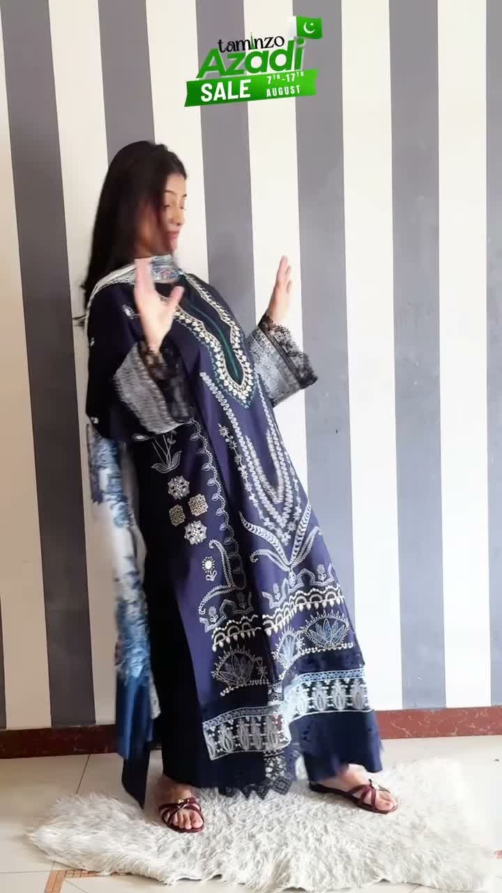Blue-Chandan Nagri Lawn Embroidered Stitched 3-Piece Suit-Souci