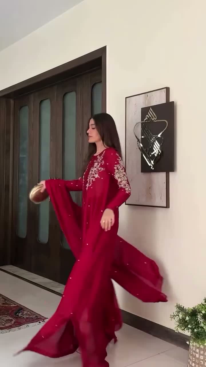 Red Allure By IH Full Circle Tussel Silk Embroidered Kaftan Set-Endless
