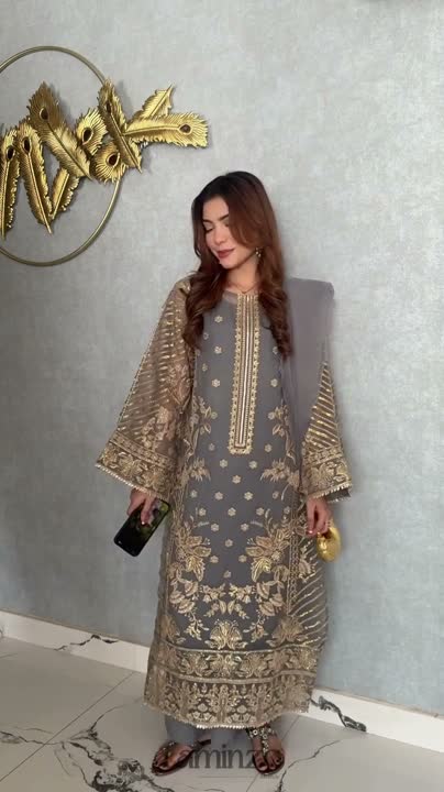 Grey-HEM Organza Embroidered Stitched 4-Piece Suit-Inayat