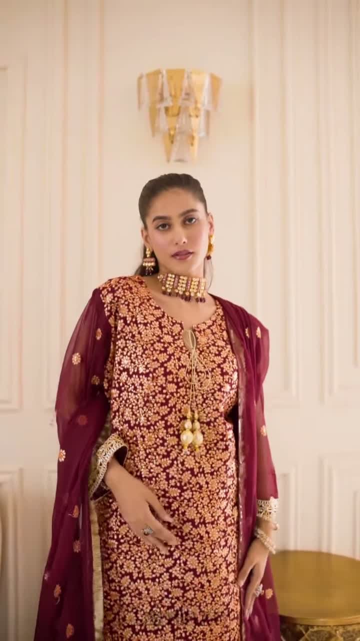 Savarna Chiffon Embroidered Sharara-Maroon-60